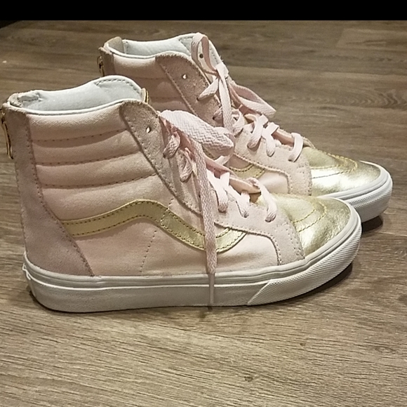 pink and gold high top vans